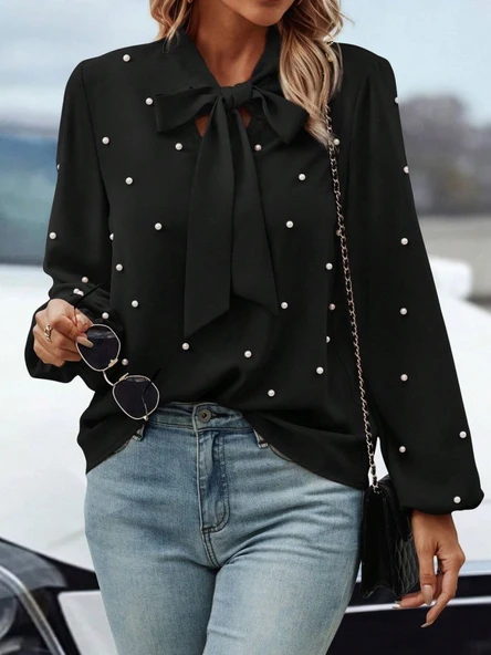 Kadın Uzun Kollu Yakadan Fiyonklu Incili Ithal Krep Bluz - Resim 2