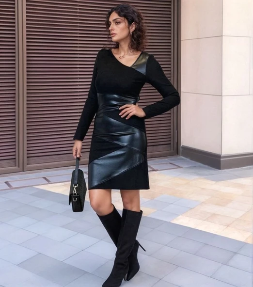 Kadın Uzun Kollu Asimetrik Yaka Süet Ve Deri Mini Boy Elbise - Resim 2