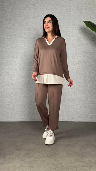 Polo Yaka Gömlek Detay Salaş Balon Pantolunlu ıkılı Takım - Resim 6