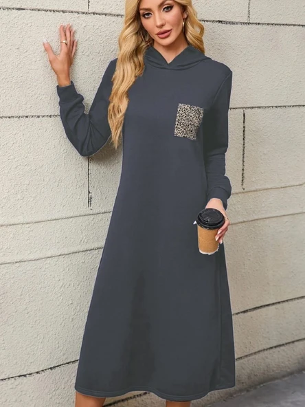 Kadın Uzun Kollu Kapşonlu Cep Detaylı Viskon Iki Iplik Maxi Elbise ürün görseli