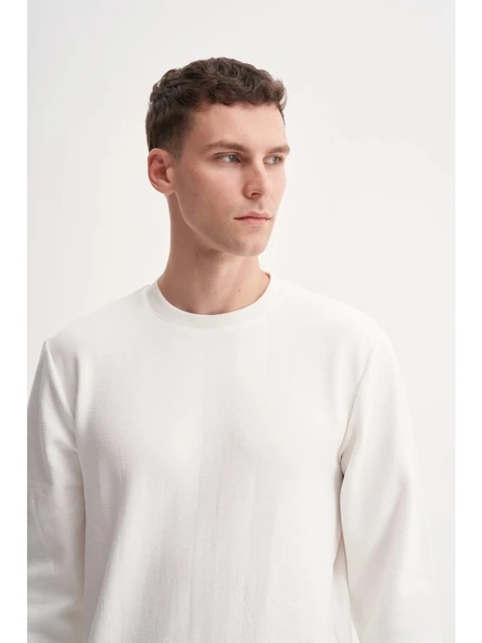 Cazador Premium Ince Desenli Jakar Viskon Karışımlı Regular Fit Sweatshirt Ekru 53520 - Resim 3