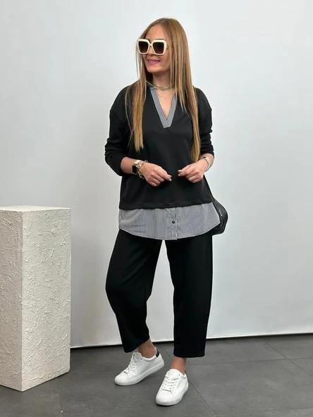 Polo Yaka Gömlek Detay Salaş Balon Pantolunlu ıkılı Takım - Resim 9