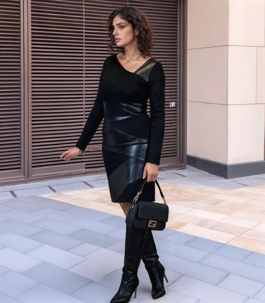 Kadın Uzun Kollu Asimetrik Yaka Süet Ve Deri Mini Boy Elbise ürün görseli