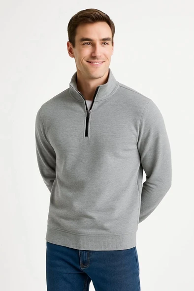 Erkek Dik Yaka Sweatshirt Dik Yaka Yarım Fermuarlı 3 İplik Şardonlu Pamuk Kumaş - Gri ürün görseli