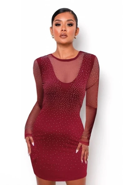 Kadın Uzun Kollu Yuvarlak Yaka Dekolteli Taşlı Dalgıç Elbise - Resim 5