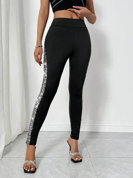 Kadın Yüksek Bel Yarı şerit Pul Payetli Dalgıç Tayt - Resim 4