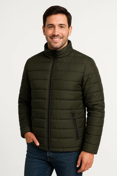 Erkek Bomber Mont Ceket – Su İtici Kumaş, Kapitone Astarlı, Fermuarlı, Kışlık - Haki - Resim 4