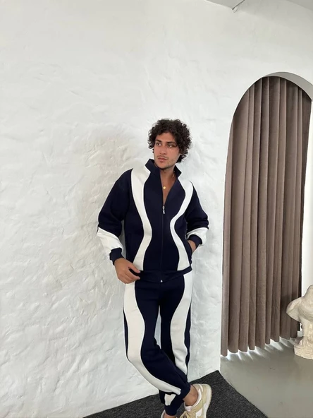 Erkek Premium Parçalı Eşofman Takım - Dik Yaka Fermuarlı Sweatshirt, - Siyah - Resim 4