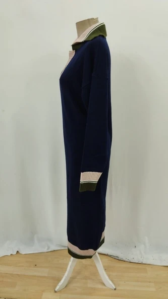 Kadın Uzun Kollu Yakalı çok Renkli Triko Uzun Elbise - Resim 9