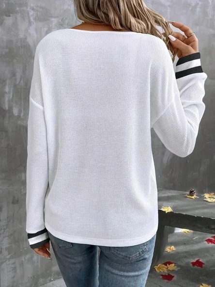Kadın Uzun Kollu V Yakalı Waffle Bluz - Resim 4