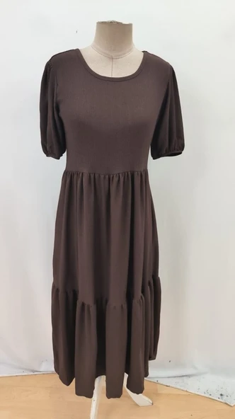 Kadın Kısa Kollu Yakası Açık Katlı Bürümcük Balon Elbise - Resim 5