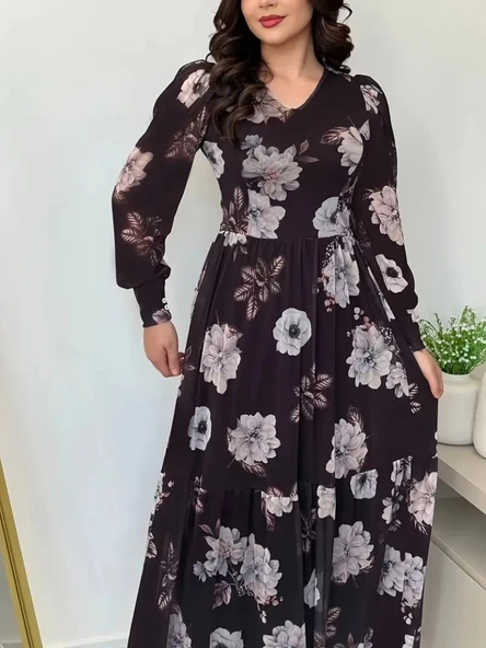 Kadın Uzun Kollu V Yakalı çiçek Desenli Maxi Süprem Elbise ürün görseli