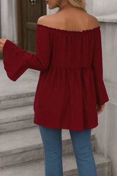 Kadın Uzun Kollu Madonna Yaka Asimetrik Detaylı Kolları Ispanyol Viskon Bluz - Resim 2