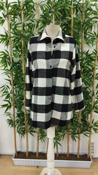 Kadın Uzun Kollu Ekoseli önden Düğmeli Dokuma Uzun Gömlek - Resim 7