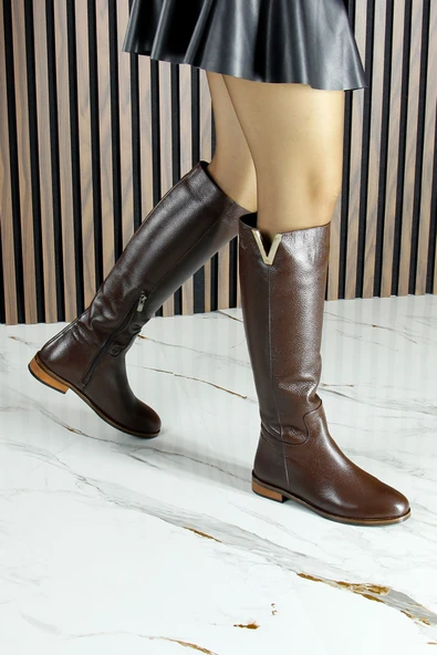 Erkan Saçmacı Kahverengi Hakiki Dana Derisi Metal Aksesuarlı Fermuarlı Yuvarlak Burun Kalın Topuklu Çizme - 7