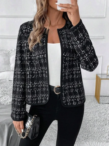 Kadın Uzun Kollu önü Açık şanel Kısa Ceket - Resim 6