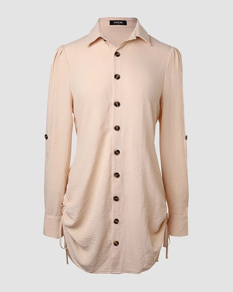 Kadın Uzun Kollu Gömlek Yaka önden Düğmeli Yanlardan Büzgülü Kısa Aerobin Elbise - Resim 4