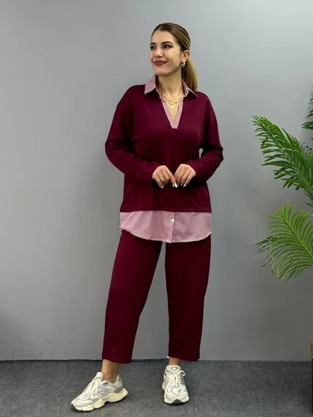 Kadın Gömlek Detay çizgili Yandan Bağlamalı Ikili Takım - Resim 12
