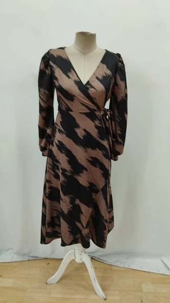 Kadın Uzun Kollu Kruvaze Yakalı Yandan Bağlamalı Desenli Mini Modal Elbise - Resim 7