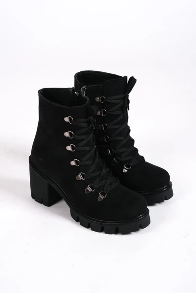 EMMA Bağcıklı Fermuarlı Ortopedik Taban Topuklu Süet Kadın Bot  SST - Siyah - Resim 4