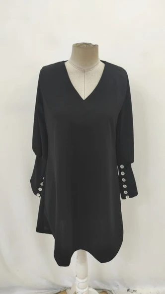 Kadın Uzun Kollu V Yakalı Kısa Ithal Krep Elbise - Resim 4