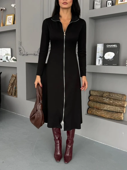 Kadın Uzun Kollu önden Fermuarlı Maxi Viskon Iki Iplik Elbise - Resim 9