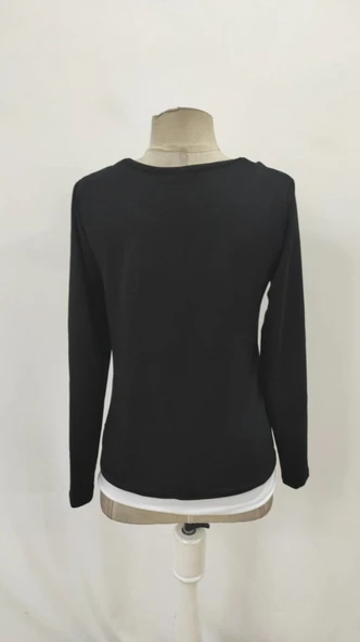 Kadın Uzun Kollu V Yakalı çift Renkli Viskon Iki Iplik Bluz - Resim 8