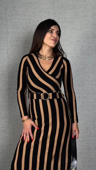 Kadın Uzun Kollu Kruvaze Yaka Kemer Dahil çizgili Triko Elbise ürün görseli