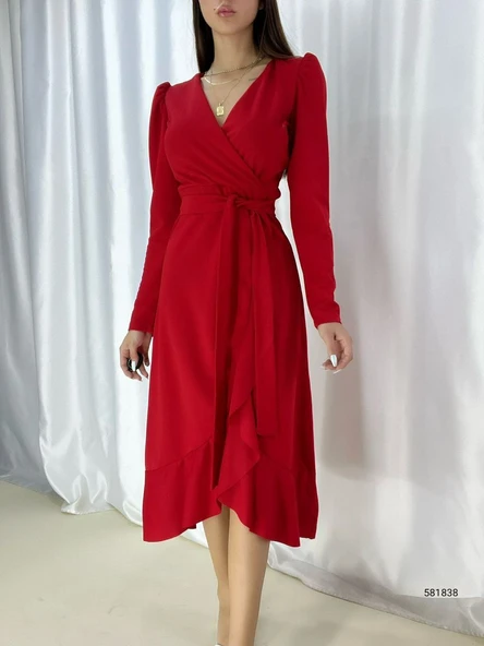 Krep Kumaş Midi Boy Kuşaklı Uzunkol Elbise - Resim 7