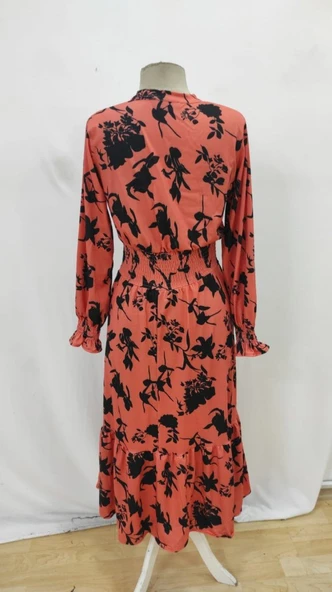 Kadın Uzun Kollu Kruvaze Yakalı çiçek Desenli Maksi Süprem Elbise - Resim 6