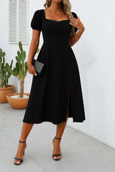 Kadın Kısa Kollu Kare Yakalı Yırtmaçlı Midi Janjan Krep Elbise ürün görseli