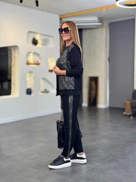 Kadın İki İplik Kumaş Yılan Desenli Fermuarlı İkili Takım - Resim 5