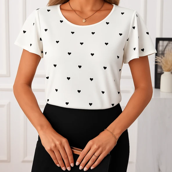 Kadın Kısa Kelebek Kollu Bisiklet Yaka Kalp Desenli Süprem Bluz ürün görseli