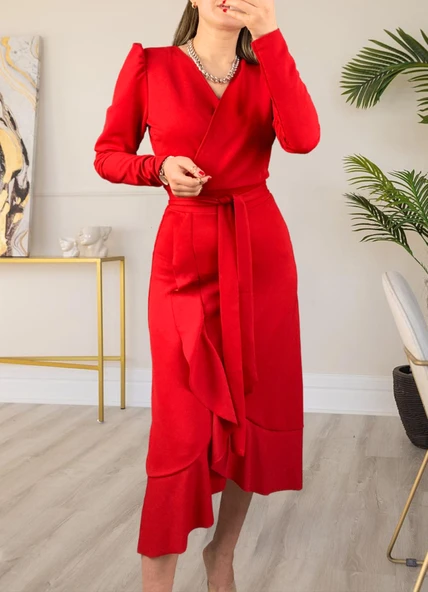 Krep Kumaş Midi Boy Kuşaklı Uzunkol Elbise - Resim 5