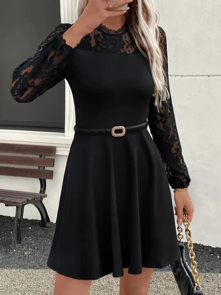 Kadın Uzun Kollu Dantelli Kloş Mini Ithal Krep Elbise - Resim 5