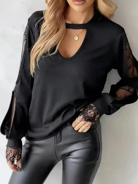 Kadın Uzun Kollu Damla Detaylı Viskon Iki Iplik Bluz - Resim 2