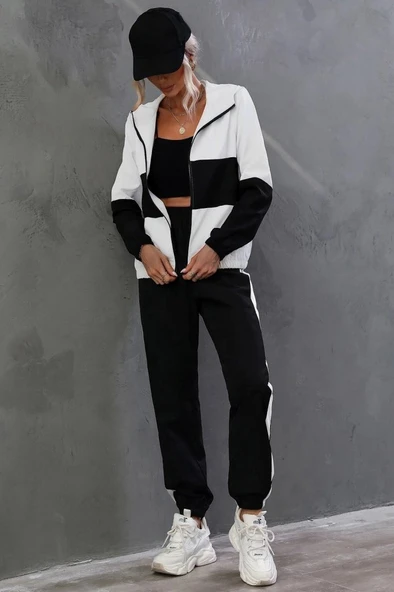 Kadın Uzun Kollu Kapşonlu önden Fermuarlı Viskon Iki Iplik Bluz Ve Pantolon Ikili Takım - Resim 3