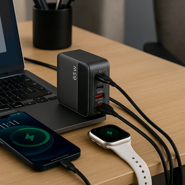 65W Hızlı Şarj Adaptörü  2 Type-C + 2 USB-A Çoklu Port  Laptop Telefon Tablet Uyumlu  Akıllı Güç Dağıtımı  Kompakt Tasarım - 2