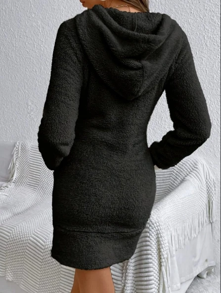 Kadın Uzun Kollu Kapşonlu Cepli Mini Peluş Elbise - Resim 4