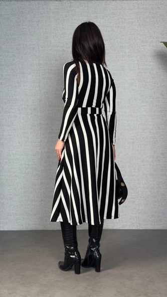 Kadın Uzun Kollu Kruvaze Yaka Kemer Dahil çizgili Triko Elbise - Resim 4