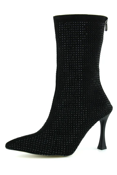 Erkan Saçmacı Nell Siyah Süet Taşlı Sivri Burun Fermuarlı İnce Topuklu Abiye Yarım Çizme - 5