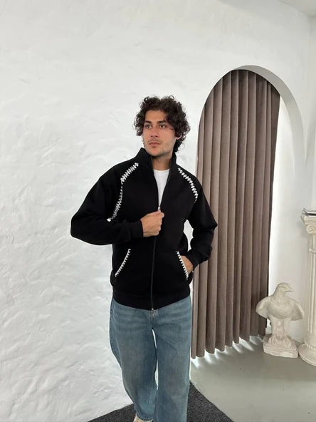 Erkek Oversize Dik Yaka Fermuarlı Sweatshirt - Zincir Nakışli Kanguru Cepli - Siyah - 3