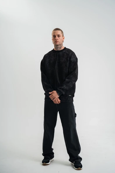 Unisex Bisiklet Yaka Özel Pis Dikişli Yıkamalı SweatShirt - Siyah ürün görseli