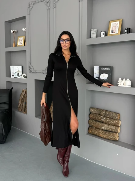 Kadın Uzun Kollu önden Fermuarlı Maxi Viskon Iki Iplik Elbise - Resim 10