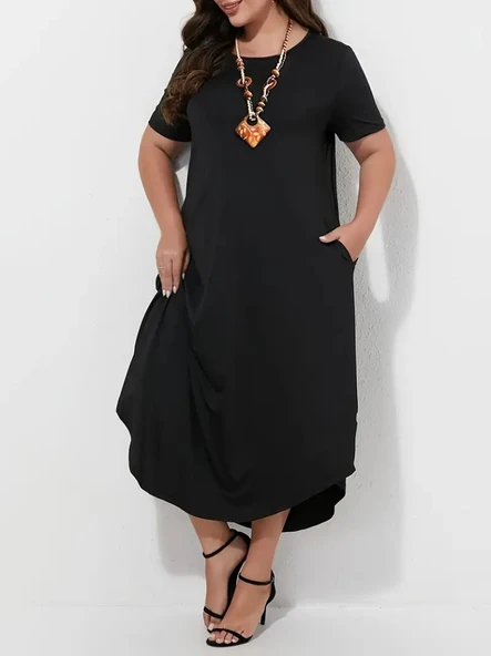 Kadın Kısa Kollu Bisiklet Yaka Cepli Salaş Viskon Elbise - Resim 5