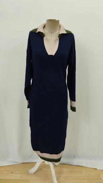 Kadın Uzun Kollu Yakalı çok Renkli Triko Uzun Elbise - Resim 8