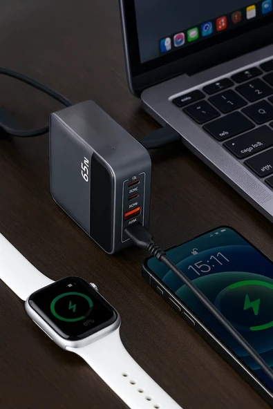 65W Hızlı Şarj Adaptörü  2 Type-C + 2 USB-A Çoklu Port  Laptop Telefon Tablet Uyumlu  Akıllı Güç Dağıtımı  Kompakt Tasarım - 4
