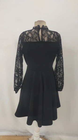 Kadın Uzun Kollu Dantelli Kloş Mini Ithal Krep Elbise - Resim 8