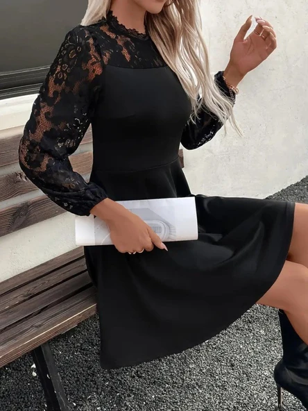 Kadın Uzun Kollu Dantelli Kloş Mini Ithal Krep Elbise - Resim 3