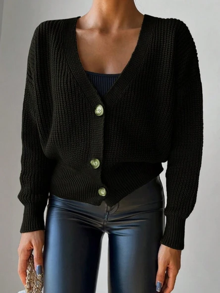 Kadın Uzun Kollu Düğme Detay Triko Hırka - Resim 2